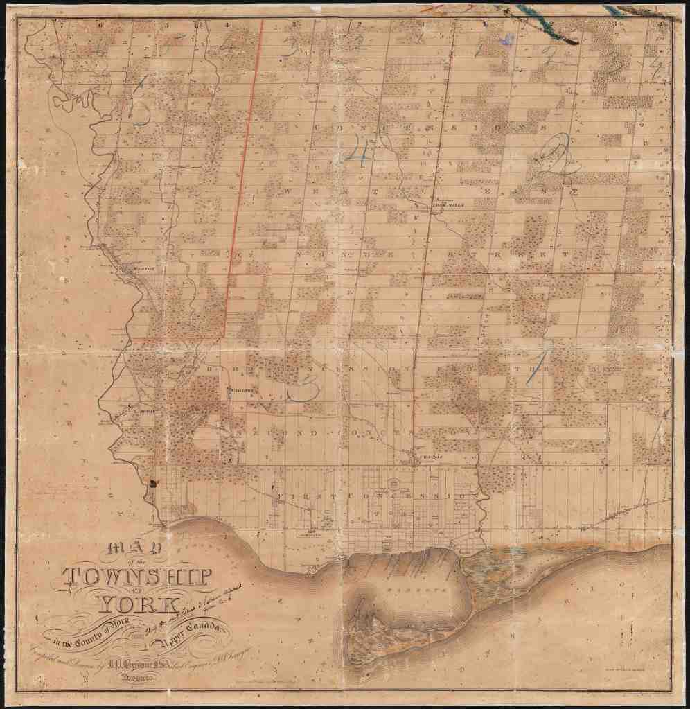  Map of the Township of York in the County of York Upper Canada. 1851. Compiled and Drawn by J.O. Browne FSA. Civil Engineer & D.P. Surveyor. Toronto. Engraved and Printed b Jno Ellis, 8, King St.