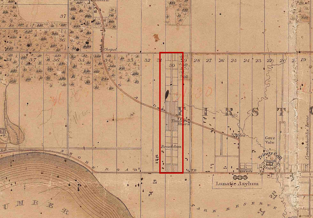 An excerpt from the 1851 J.O. Browne map of the Township of York, highlighting the village of Brockton in a red rectangle. The map shows Brockton as a linear settlement along a central road, surrounded by agricultural lots. Notable features include the Humber River to the west, a lunatic asylum near the bottom right, and Gore Vale and Trinity Church further east. The map details land divisions, tree cover, and early roads, reflecting the rural landscape of the mid-19th century