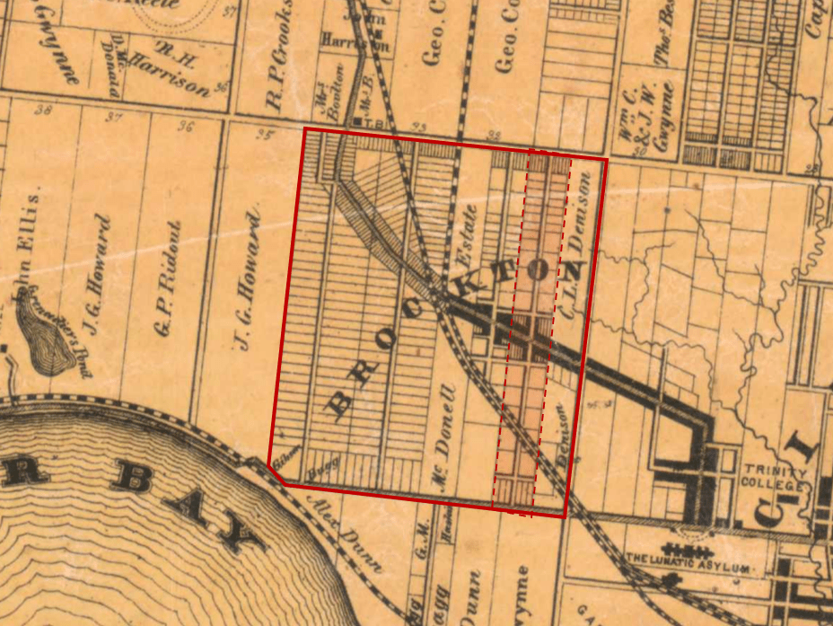 An excerpt from the 1860 Tremaine’s map of the County of York, highlighting the village of Brockton in a red rectangle. The map shows Brockton as a growing settlement with a denser street grid compared to 1851. Rail lines intersect the area, and surrounding landowners are identified by name. Nearby landmarks include Humber Bay to the west, Trinity College, and the Lunatic Asylum to the southeast. The map details subdivisions, roads, and infrastructure development in mid-19th-century York County.