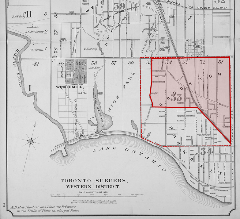 An excerpt from the 1884 Goad’s Atlas of Toronto, highlighting the village of Brockton in a red-shaded area. The map shows Brockton as a more developed suburban area with a structured street grid. Rail lines run diagonally through the neighborhood, and major roads intersect the settlement. Surrounding areas include High Park to the west, Windermere, and Parkdale to the south. The map details lot numbers, subdivisions, and infrastructure development in the late 19th century.