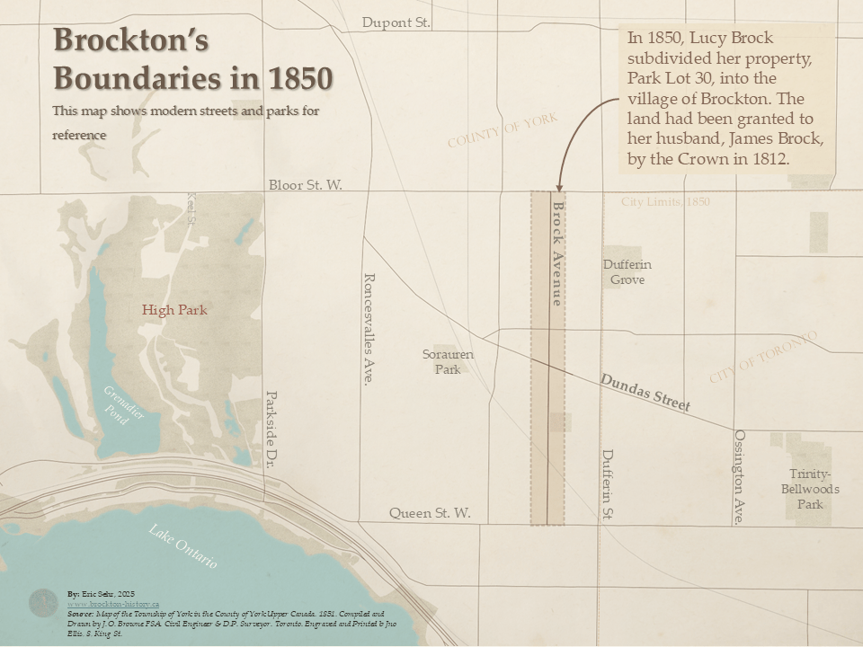 A map titled 'Brockton’s Boundaries in 1850' depicts the approximate extent of the village of Brockton overlaid with modern streets and parks for reference. The map highlights Brock Avenue as the central road within the historical boundaries. It includes notable landmarks such as High Park, Grenadier Pond, Roncesvalles Avenue, Dundas Street, Queen Street West, and Dufferin Grove. An annotation states that in 1850, Lucy Brock subdivided Park Lot 30 into the village of Brockton, land originally granted to her husband, James Brock, by the Crown in 1812. The map is credited to Eric Sehr (2025) and is based on an 1851 map of York Township by J.O. Browne. The City of Toronto and County of York boundaries are faintly marked in red.
