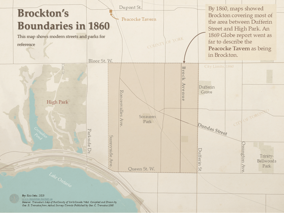 A historical map titled 'Brockton’s Boundaries in 1860' shows the extent of the village overlaid with modern streets and parks for reference. The map highlights Brock Avenue and indicates that by 1860, Brockton covered most of the area between Dufferin Street and High Park. A note states that an 1869 Globe report described the Peacocke Tavern, located near Dupont Street, as being in Brockton. The map includes landmarks such as High Park, Grenadier Pond, Roncesvalles Avenue, Dundas Street, and Queen Street West. It is credited to Eric Sehr (2025) and is based on an 1860 map by Tremaine.