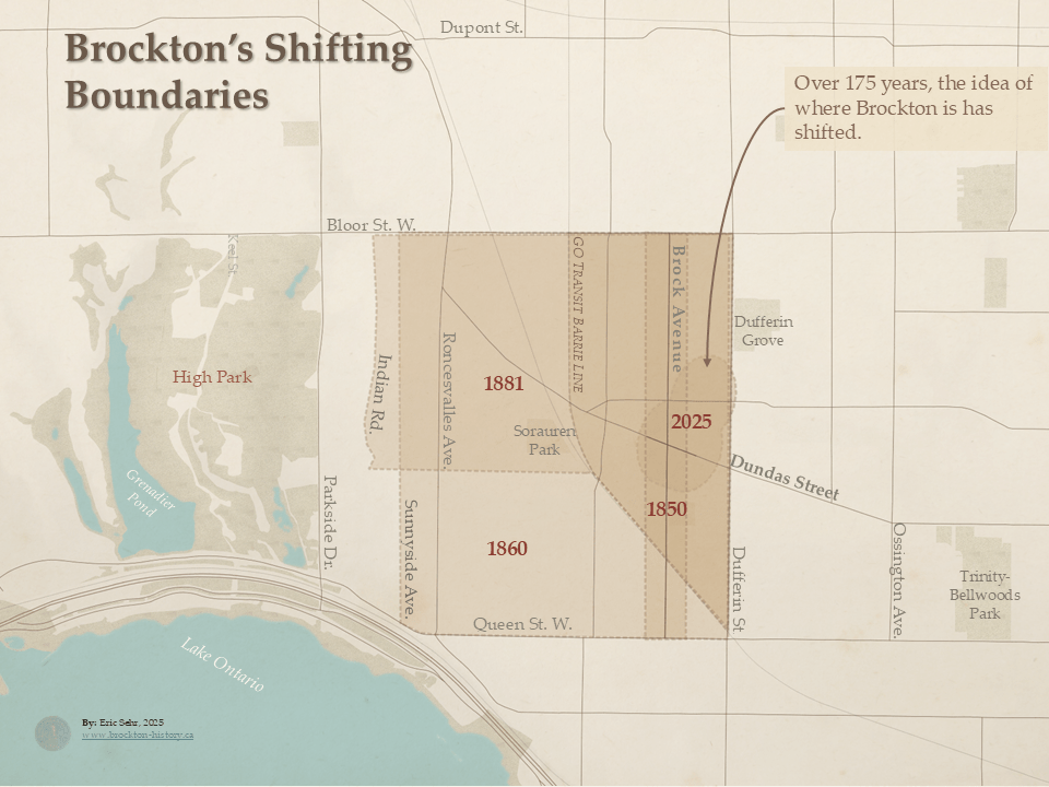 A historical-style map titled 'Brockton’s Shifting Boundaries' illustrates how the definition of Brockton has changed over time, spanning from 1850 to 2025. Different shaded areas represent Brockton’s extent in 1850, 1860, 1881, and 2025, showing a gradual shift in its perceived boundaries. The map includes modern streets and landmarks such as High Park, Grenadier Pond, Roncesvalles Avenue, Dundas Street, Queen Street West, and Dufferin Grove. A note states that over 175 years, the idea of where Brockton is has shifted. The map is credited to Eric Sehr (2025).