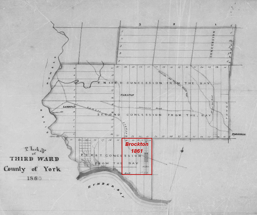 A map from the 1861 census showing a "Plan of Third Ward County of York 1860. The map shows the lots for the First Concession from the Bay, the Second Concession from the Ba, the third Concessions from the Bay.