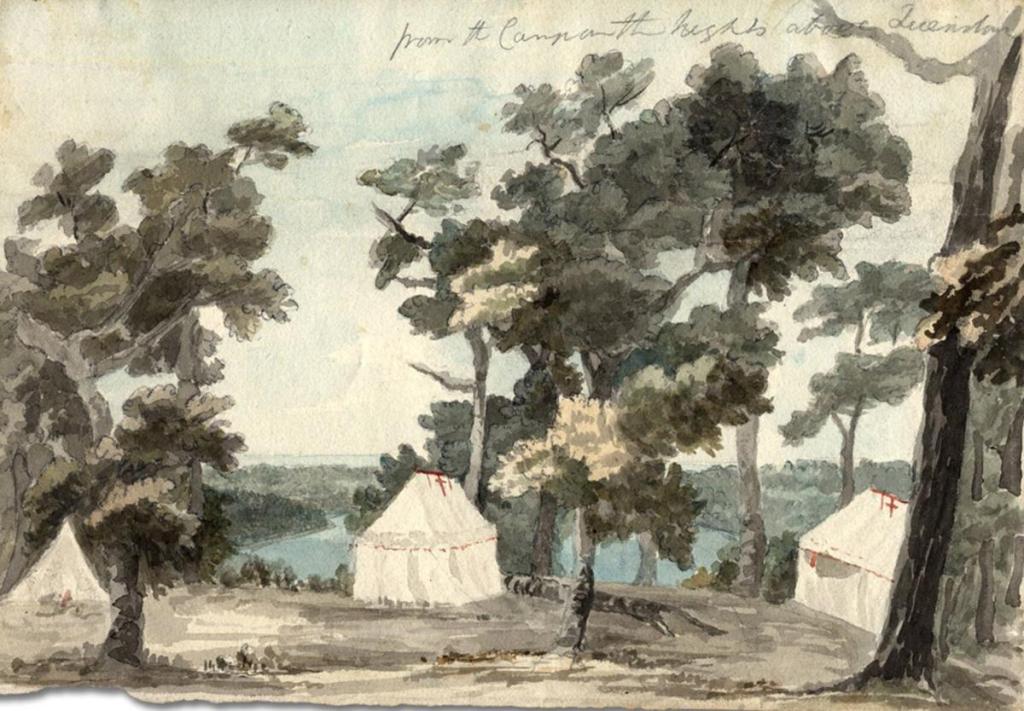 Watercolour sketch by Elizabeth Simcoe, 9 July 1793: three white canvas tents of the Simcoe camp sit among tall pines on a wooded bluff overlooking the Niagara River near Queenston, weeks before the party moved to York.