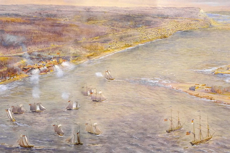 US ships arrive in the harbor just before the Battle of York (modern-day Toronto, Canada), 27 April 1813. Watercolors by Owen Staples, 1914.