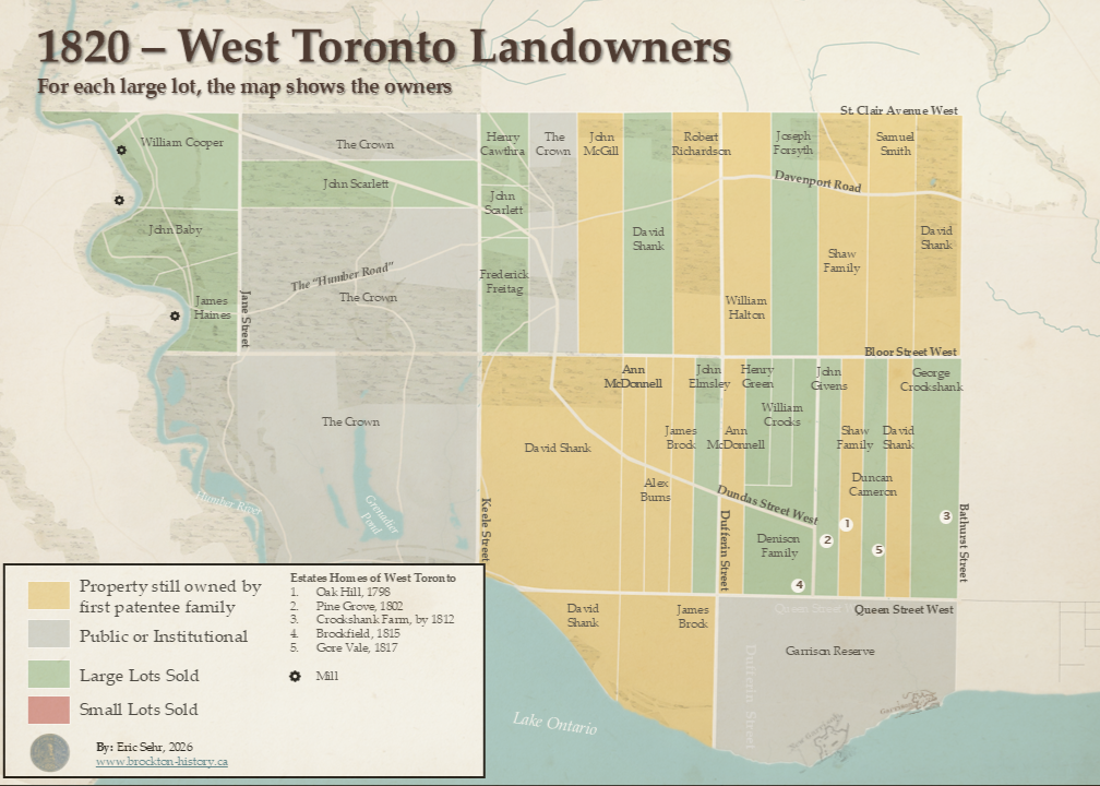 Map of west Toronto in 1820 showing land ownership by parcel, colour-coded by status. Most land is still held by the Crown or original grantee families (shown in gold and grey); David Shank owns a large connected block running from Bloor Street West down to Queen Street. Only a few large lots (green) have been sold, concentrated near Crookshank's farm along Bathurst Street; almost none have been subdivided into small lots.