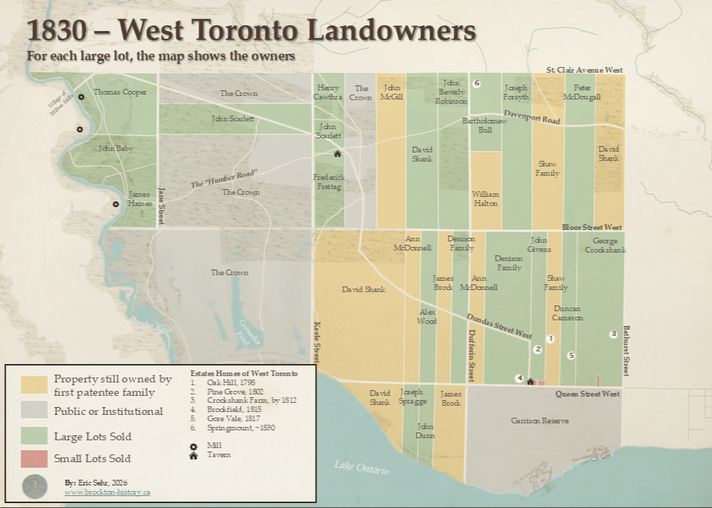 Map of west Toronto in 1830 showing the same parcels ten years later. More land has shifted to green ("large lots sold"), especially around the Denison family holdings and along Dundas Street, but the overall pattern is similar to 1820 — David Shank and the Crown still hold much of the land, with Bartholomew Bull's new Springmount estate on Davenport Road the notable addition.
