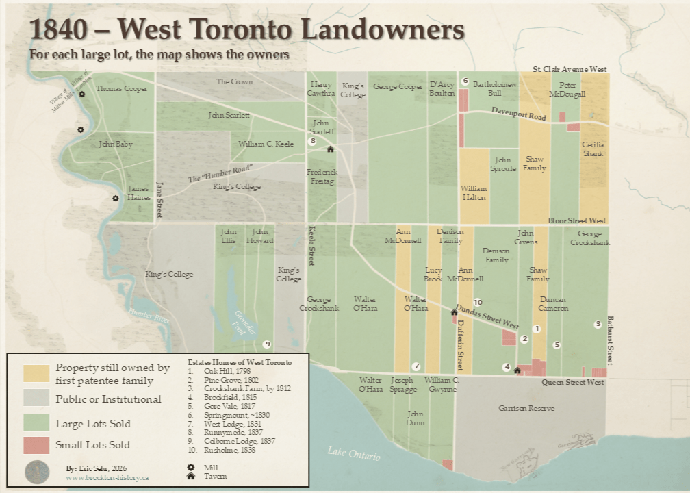 Map of west Toronto in 1840 showing widespread change from the earlier two maps. Most parcels are now green ("large lots sold"), David Shank's former holdings have been broken up and bought largely by Walter O'Hara, King's College now controls a large institutional block, and small red parcels — subdivided building lots — have spread clustered along Queen Street, Dundas Road and Davenport Road.